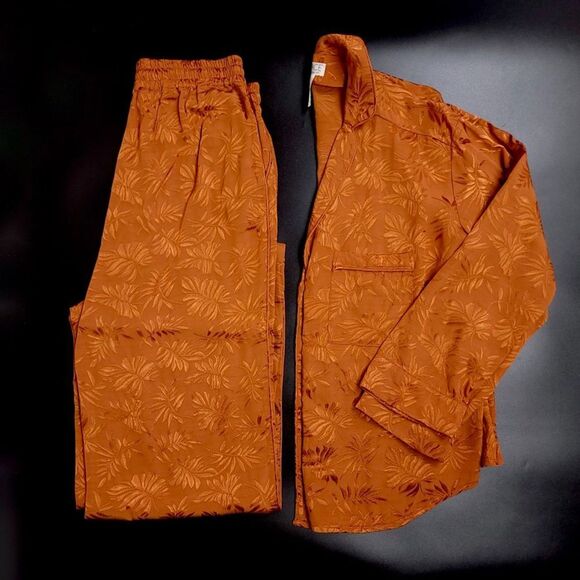 L SPACE In Your Dreams PJ Wide Leg Pajama Set Amber Satin Jacquard Lounge Large - Picture 1 of 13